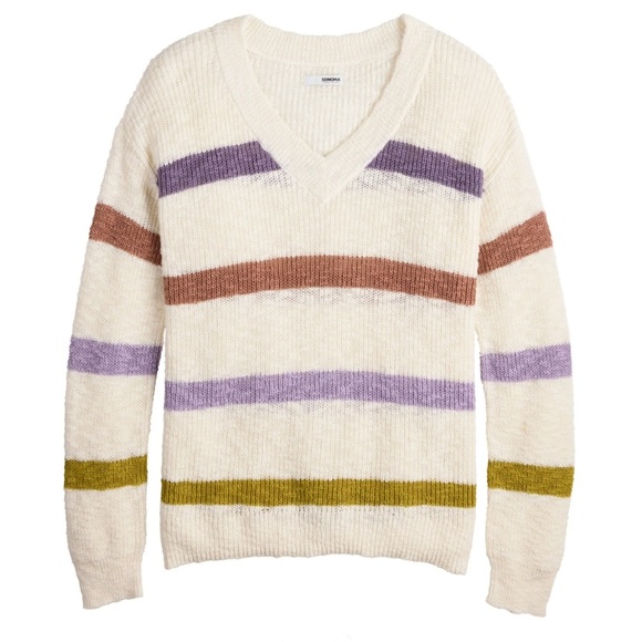 Sonoma Plus Size Spring Cream Striped V Neck Cotton Pull Over Sweater Size 3X - Picture 1 of 9